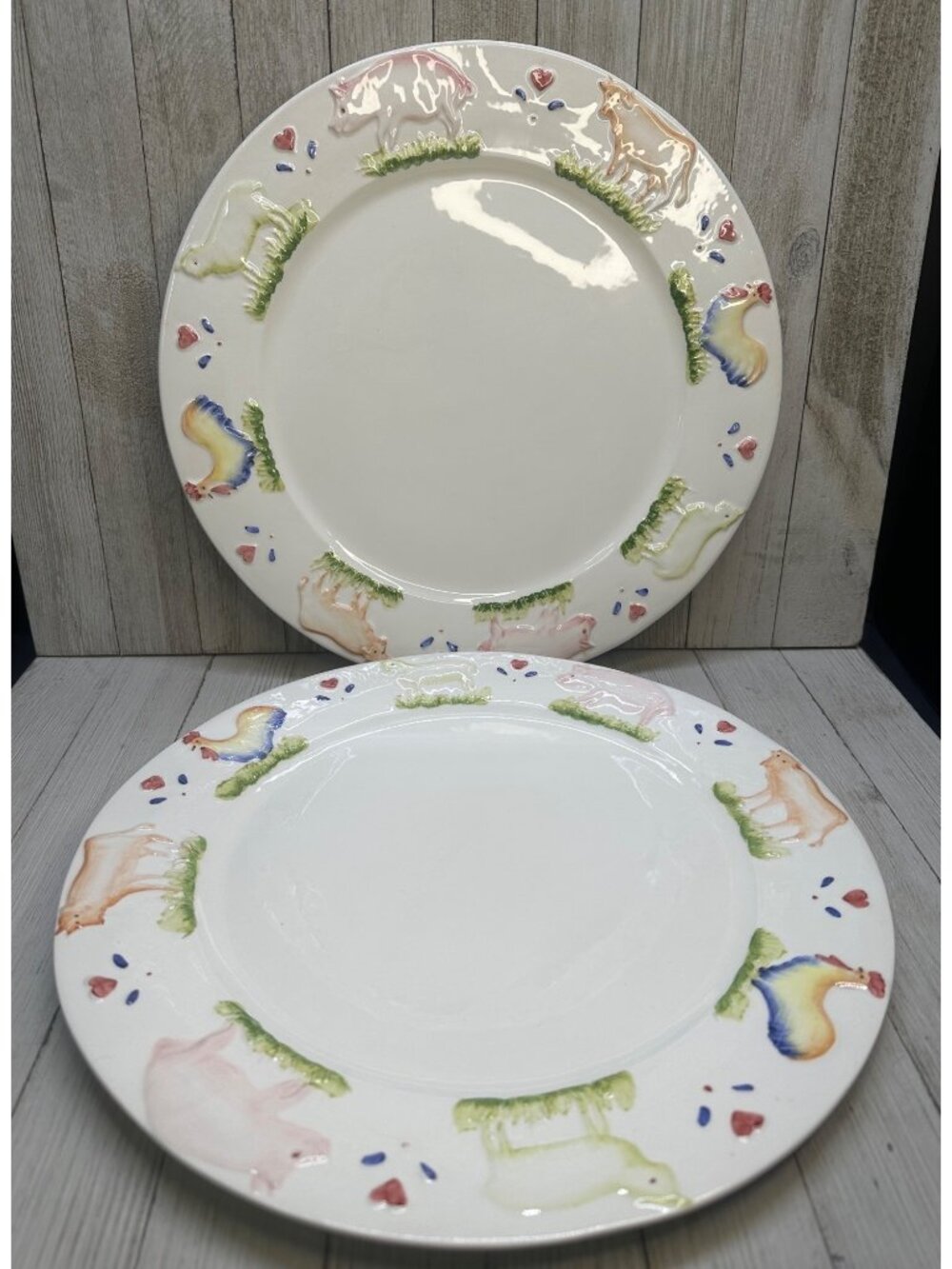 Vtg Stefani Farmhouse Animals Pig Sheep Cow 12.5" Dinner Plate Charger Set 2